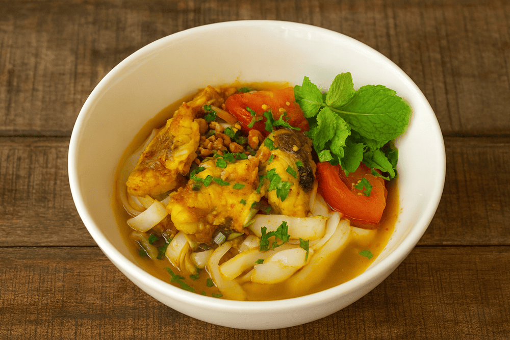 The meal comes paired with fresh herbs, crispy rice crackers, and spicy chili to enrich the taste